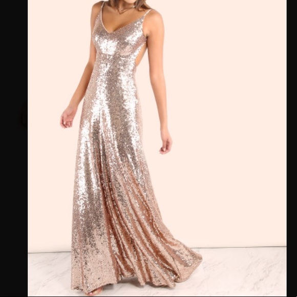 Rose gold sequin cami backless maxi dress